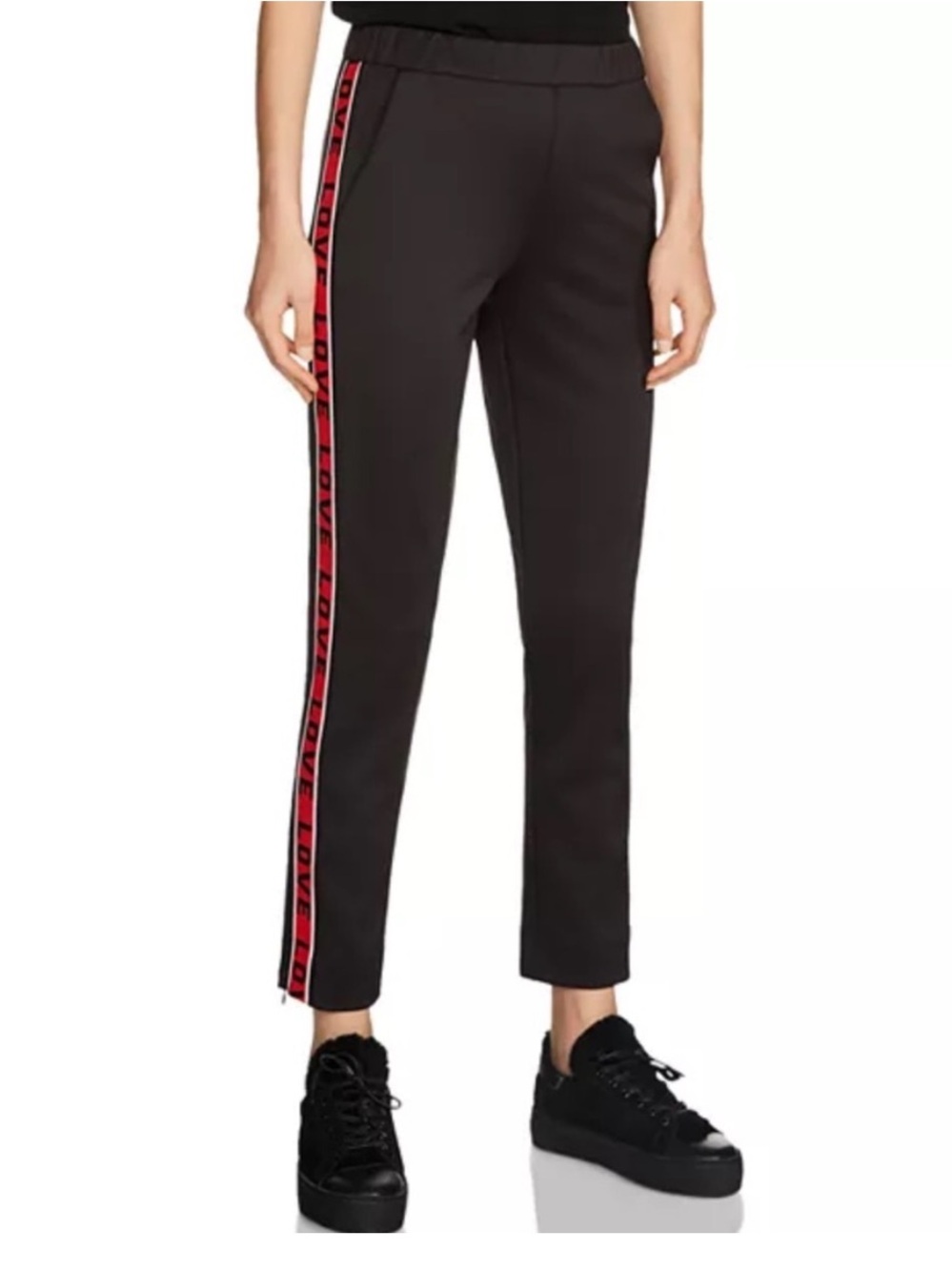 Maje Poly Striped LOVE Graphic Track Pant Black Straight Leg Small elastic waist
